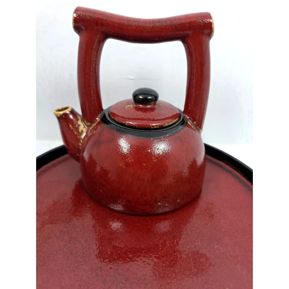 Vtg Pier 1‎ Shanghai Teapot Set 7 piece Earthenware Reddish Brown Black Tan